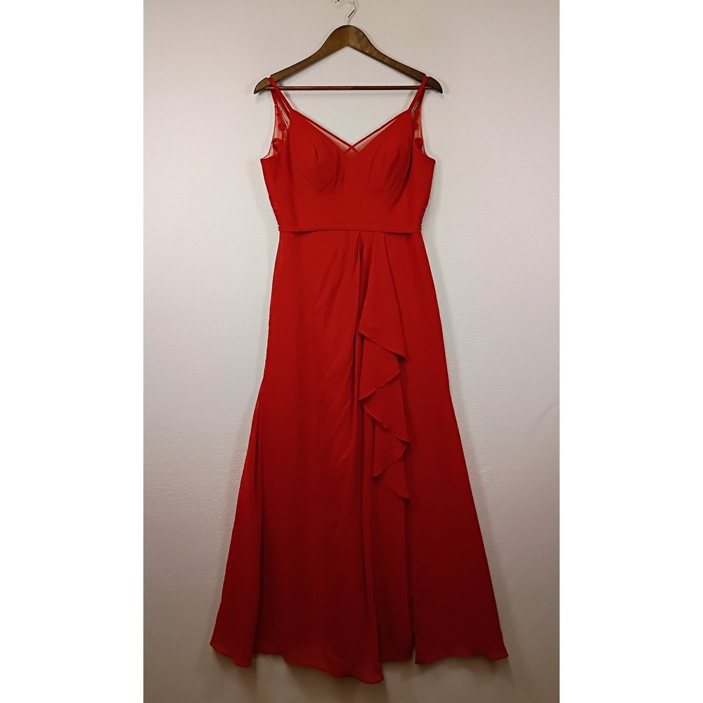 Elegant Romantic Azazie Womens Size‎ 6 Red V-Neck Floral Mesh Chiffon Maxi Gown